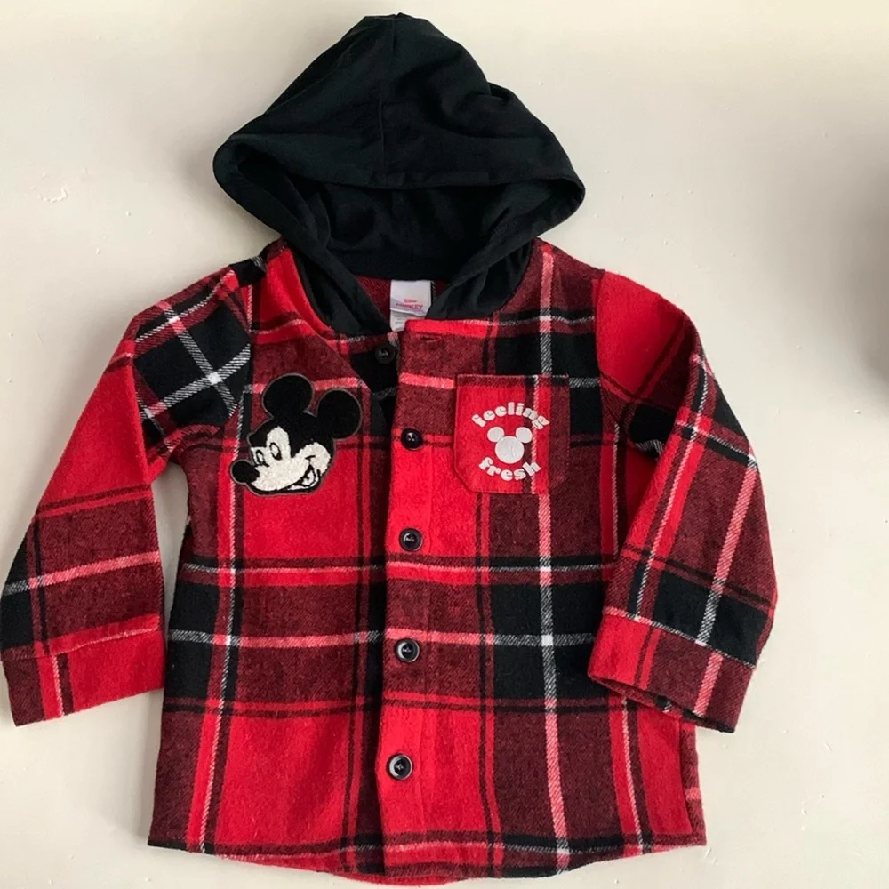 Disney Red & Black Plaid Mickey Jacket, Gray Mickey Shirt, & Black Pants 18 mo